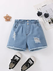 Girls Ripped Denim Shorts with Elastic Waist for Spring/Summer