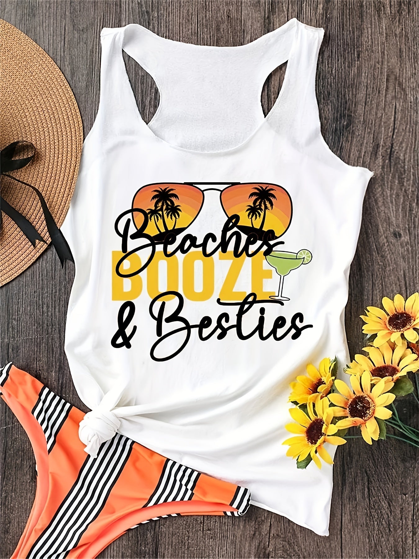 Sunglasses & Letter Print Tank Top Casual Sleeveless Summer Beach Tank Top