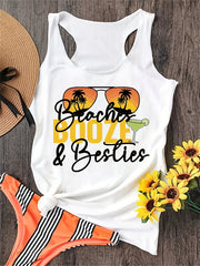 Sunglasses & Letter Print Tank Top Casual Sleeveless Summer Beach Tank Top