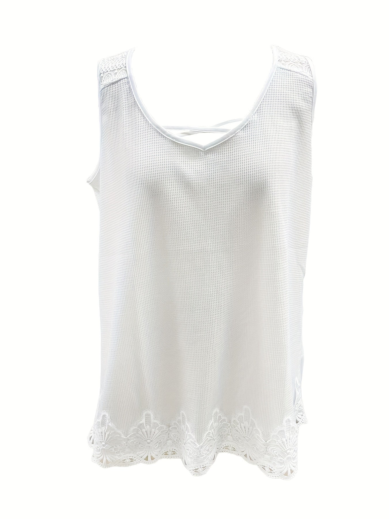 Casual Tank Top Women's Plus Lace Waffle Pattern V Neck Top