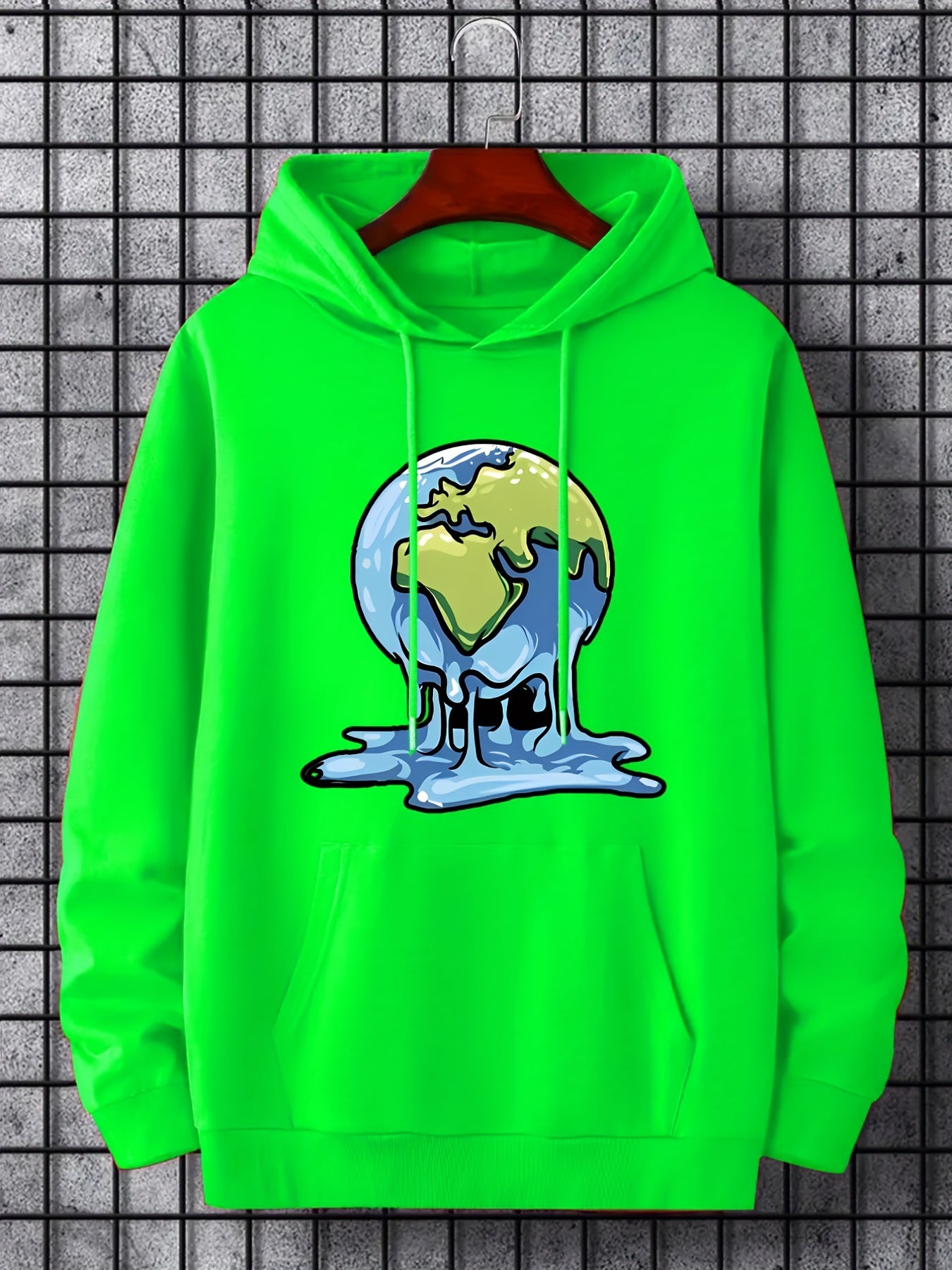 Melting Earth Print Hoodie Men's Casual Graphic Pullover Hooded Sweatshirt