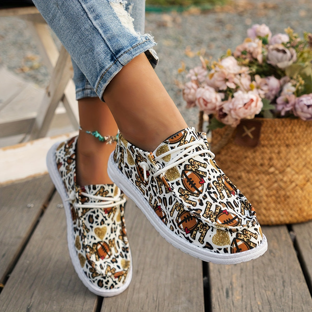 Leopard Rugby & Love Heart Graffiti Flat Shoes Women Slip On Casual