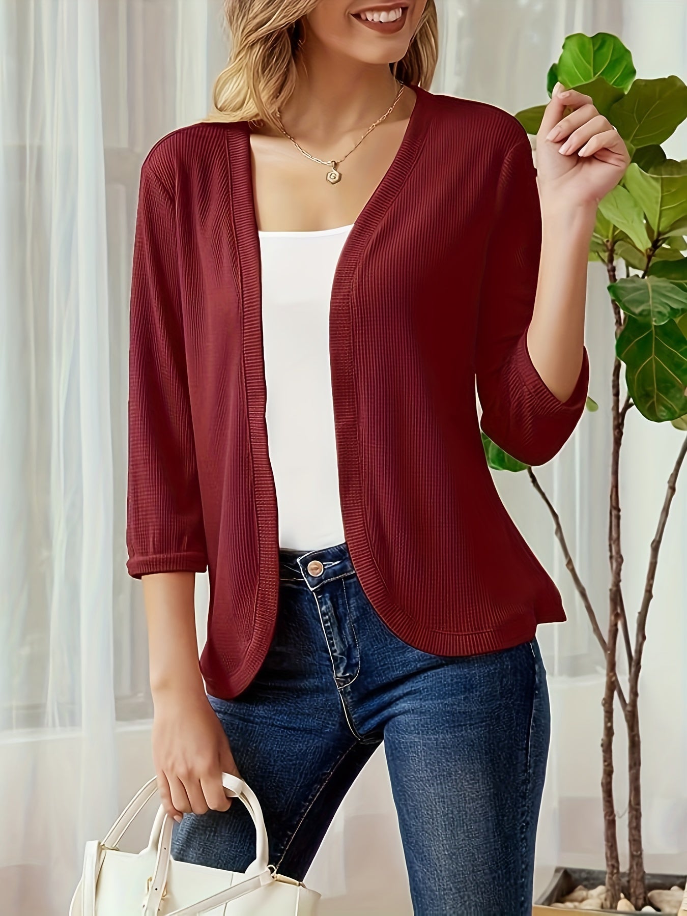 Ribbed Knit 3/4 Sleeve Cardigan for Women