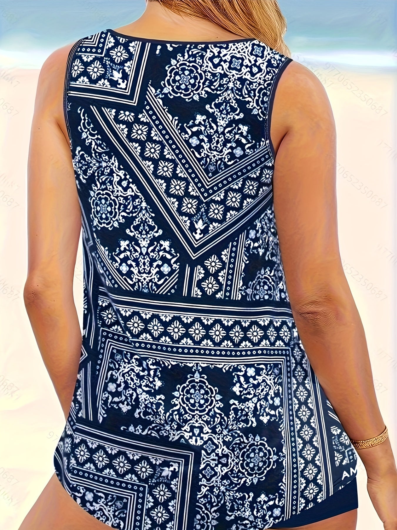 Boho Tankini Set Women's Plus Scarf Print Round Neck Tank Top & Shorts Swimsuit