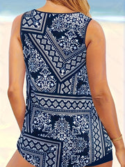Boho Tankini Set Women's Plus Scarf Print Round Neck Tank Top & Shorts Swimsuit