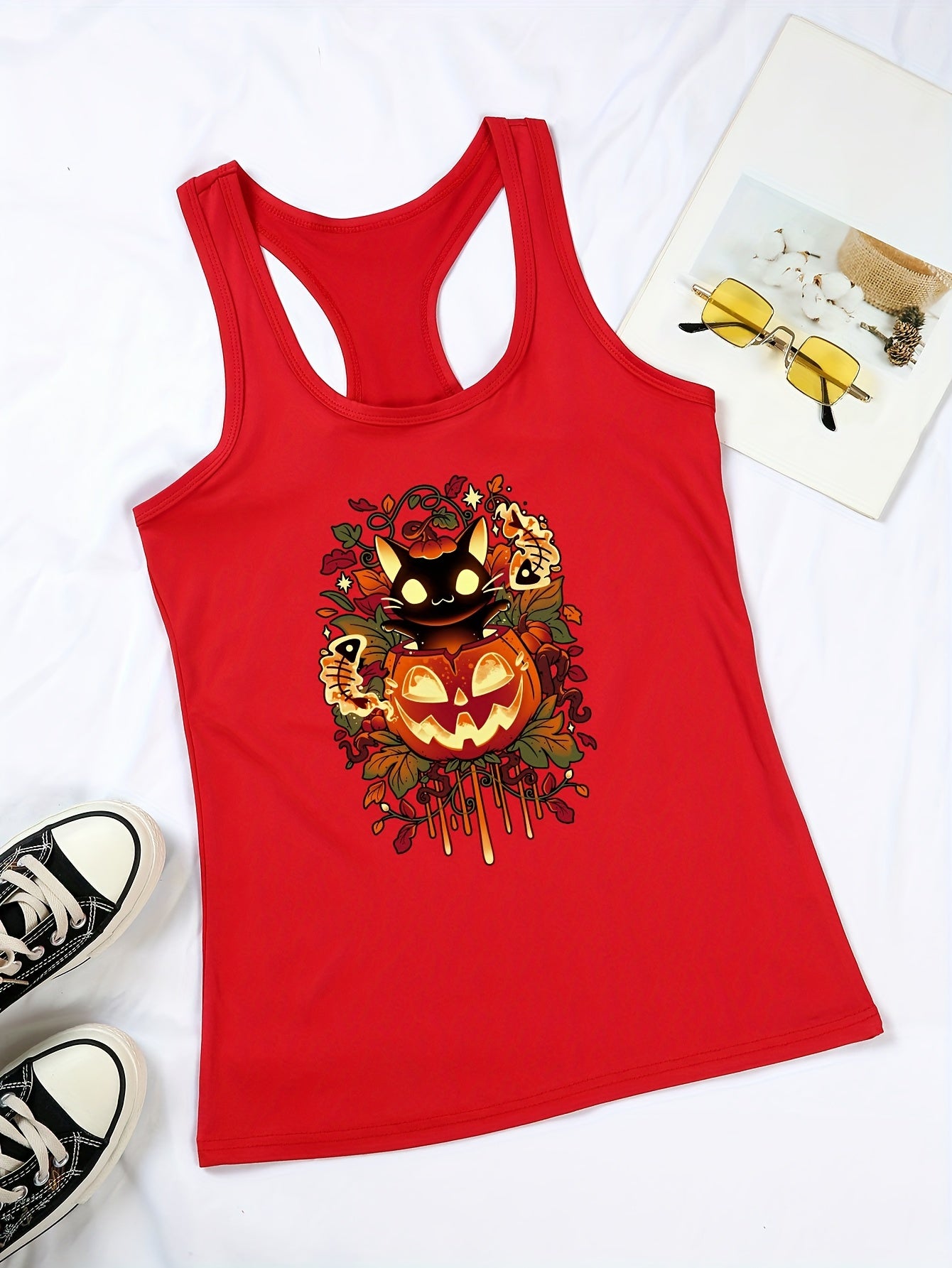 Halloween Jack O' Lantern Tank Top Sleeveless Crew Neck Women's Clothing