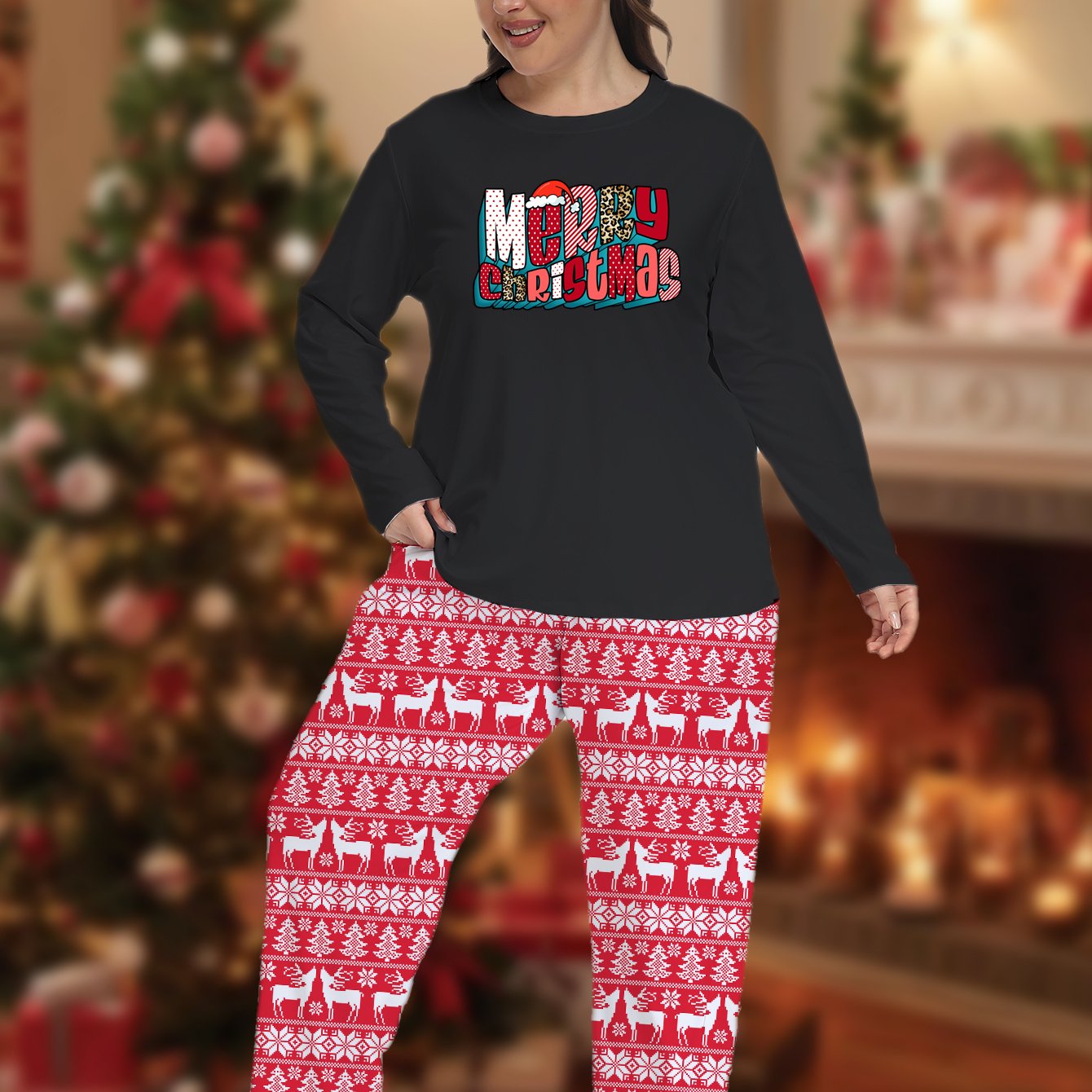 Christmas Pajama Set Long Sleeve Tee & Striped Pants Lounge 2PC