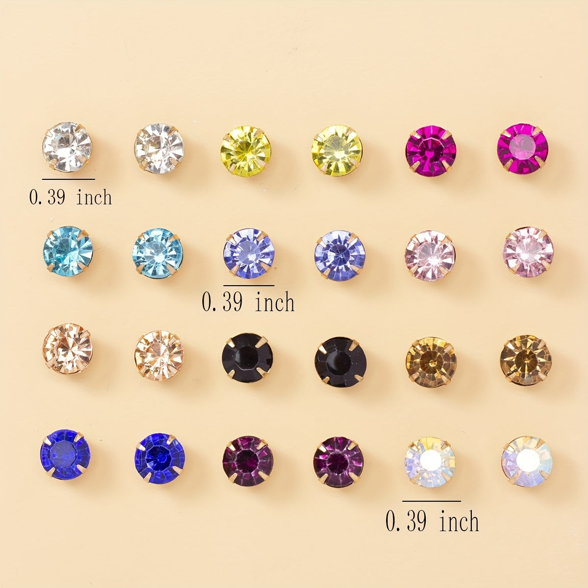 12 Pairs Colorful Rhinestone Stud Earrings Stainless Steel Jewelry