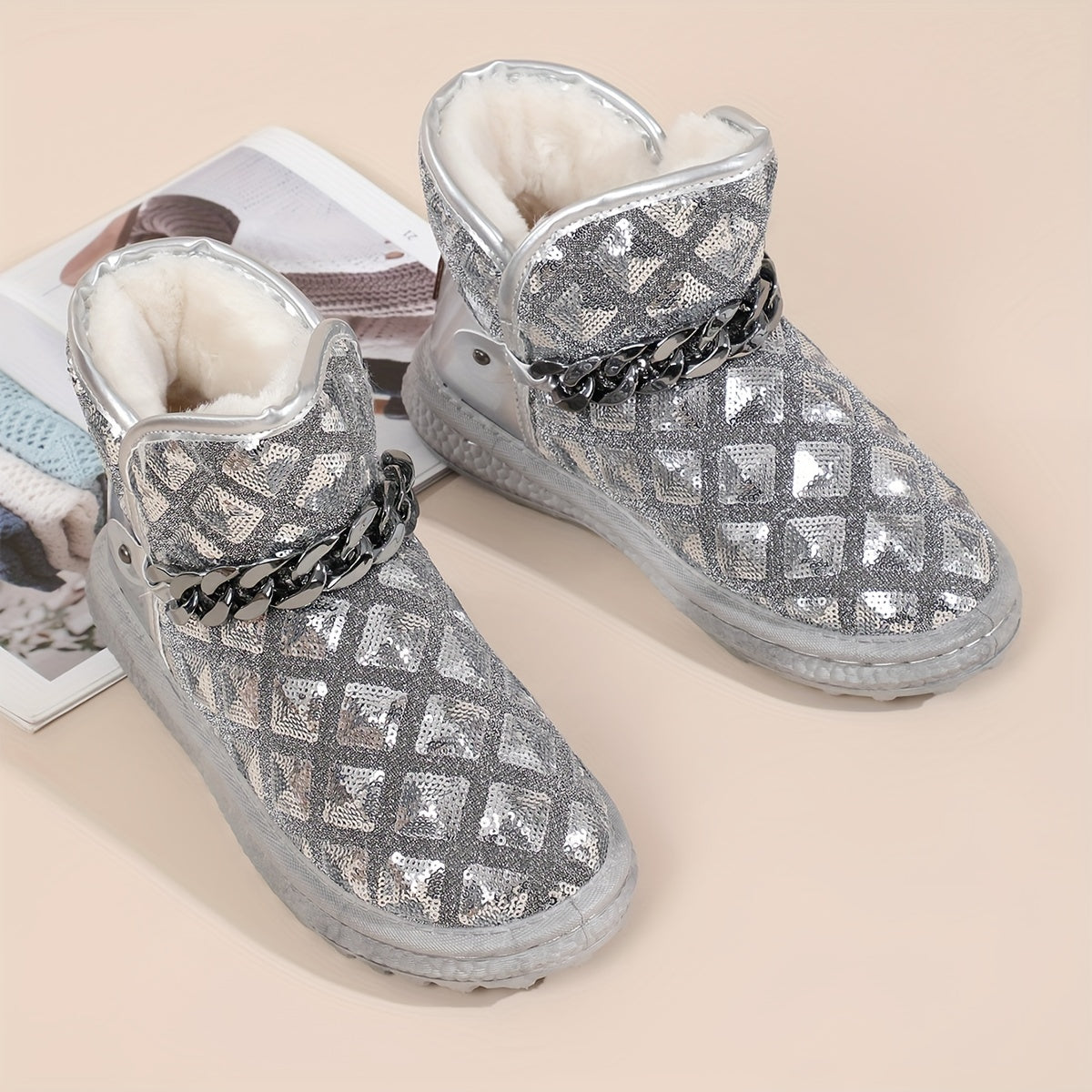 Y2K Snow Boots Sequin Glitter Chain Heighten Non Slip