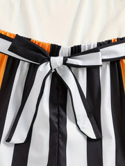 Girls Striped Self Belted Cami Romper Jumpsuits