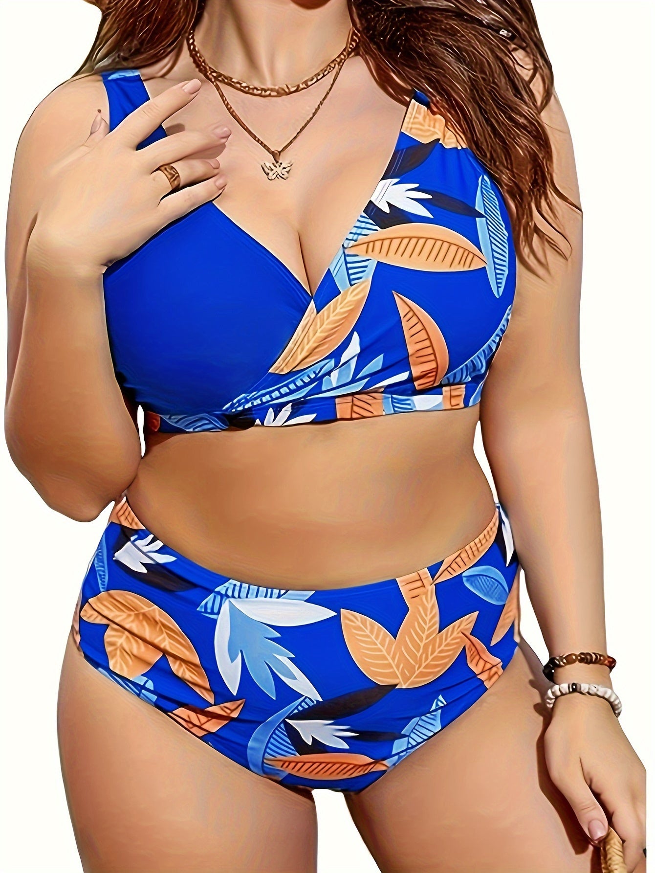 Maple Leaf Print Wrap V Neck Bikini Set - Plus Size