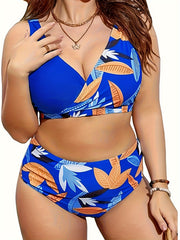 Maple Leaf Print Wrap V Neck Bikini Set - Plus Size