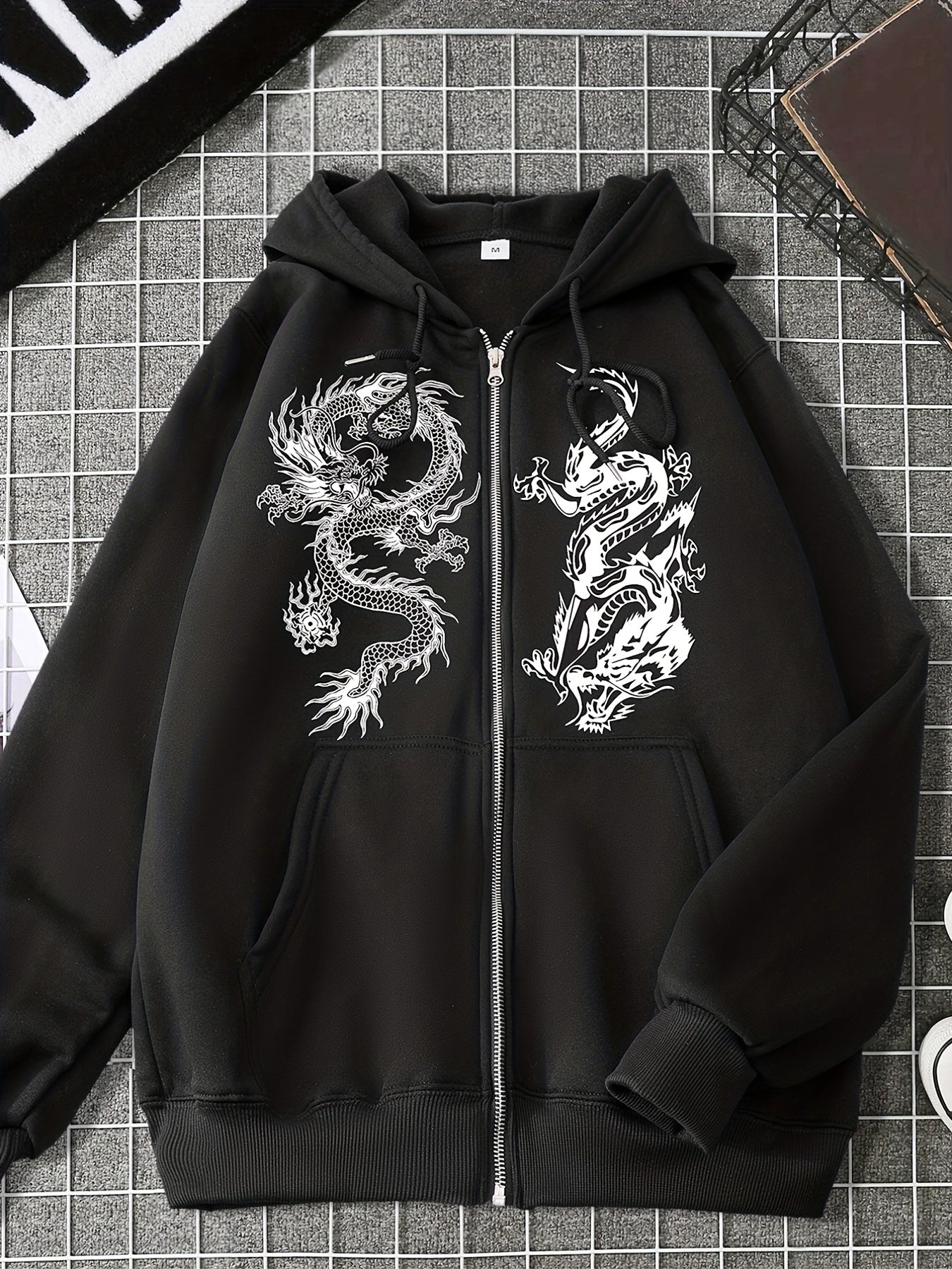 Dragon Print Zip Up Hoodie with Kangaroo Pocket for Women