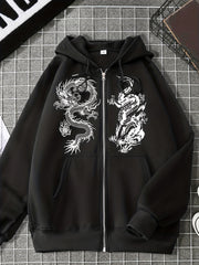 Dragon Print Zip Up Hoodie with Kangaroo Pocket for Women