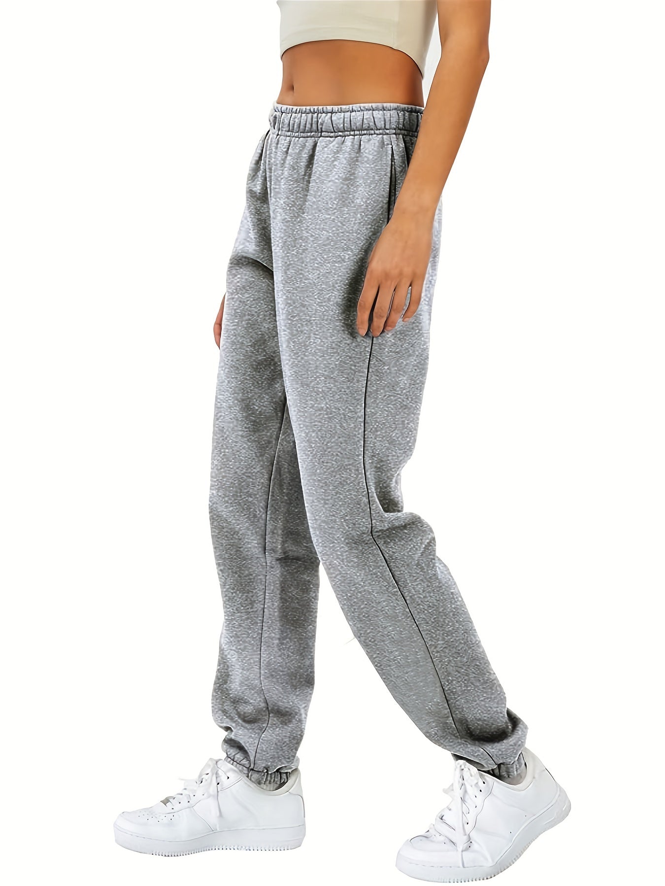 Solid Elastic Waist Jogger Pants Women's Clothing