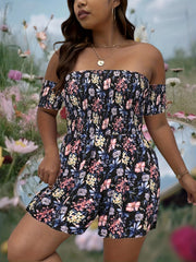 Floral Print Tube Romper Women's Plus Shirred Slight Stretch