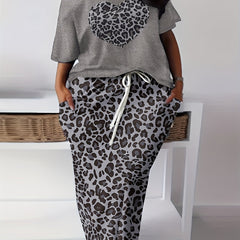 Leopard Heart Print Tee & Skirt Set