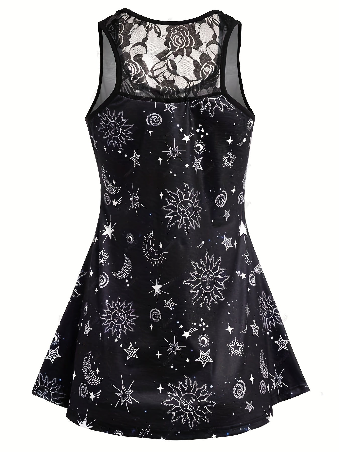 Gothic Sun & Moon Mesh Tank Top, Crew Neck Sleeveless Summer Top
