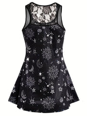 Gothic Sun & Moon Mesh Tank Top, Crew Neck Sleeveless Summer Top