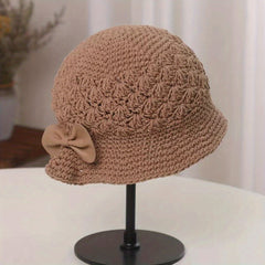 Hand Knitted Bucket Hat Vintage Bow Crochet Fisherman Hat