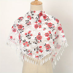 Flower Print Triangle Scarf Tassel Shawl