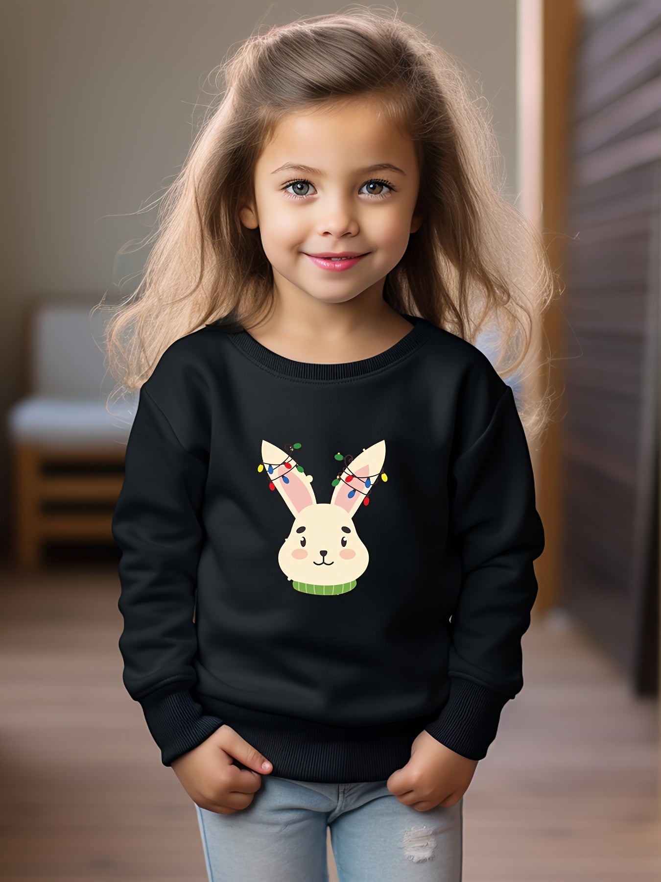 Christmas Light Bunny Graphic Crew Neck Long Sleeve Sweatshirt Kids