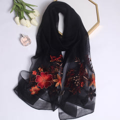 Embroidered Flower Silk Scarf Shawl for Women