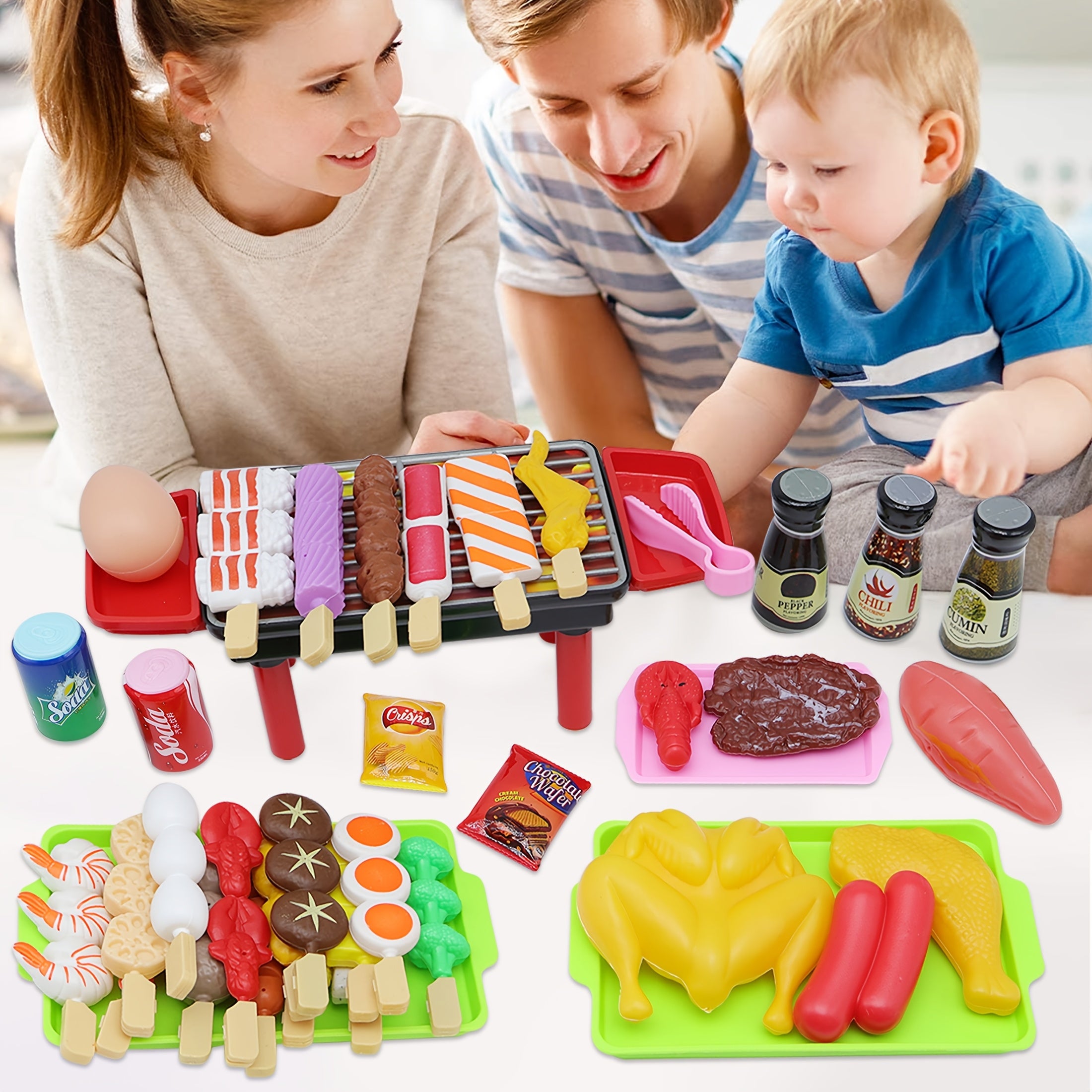 Kids Pretend Play Kitchen BBQ Grill Toy Set with Realistic Food