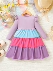 Girls Rainbow Tiered Long Sleeve Casual Swing Dress