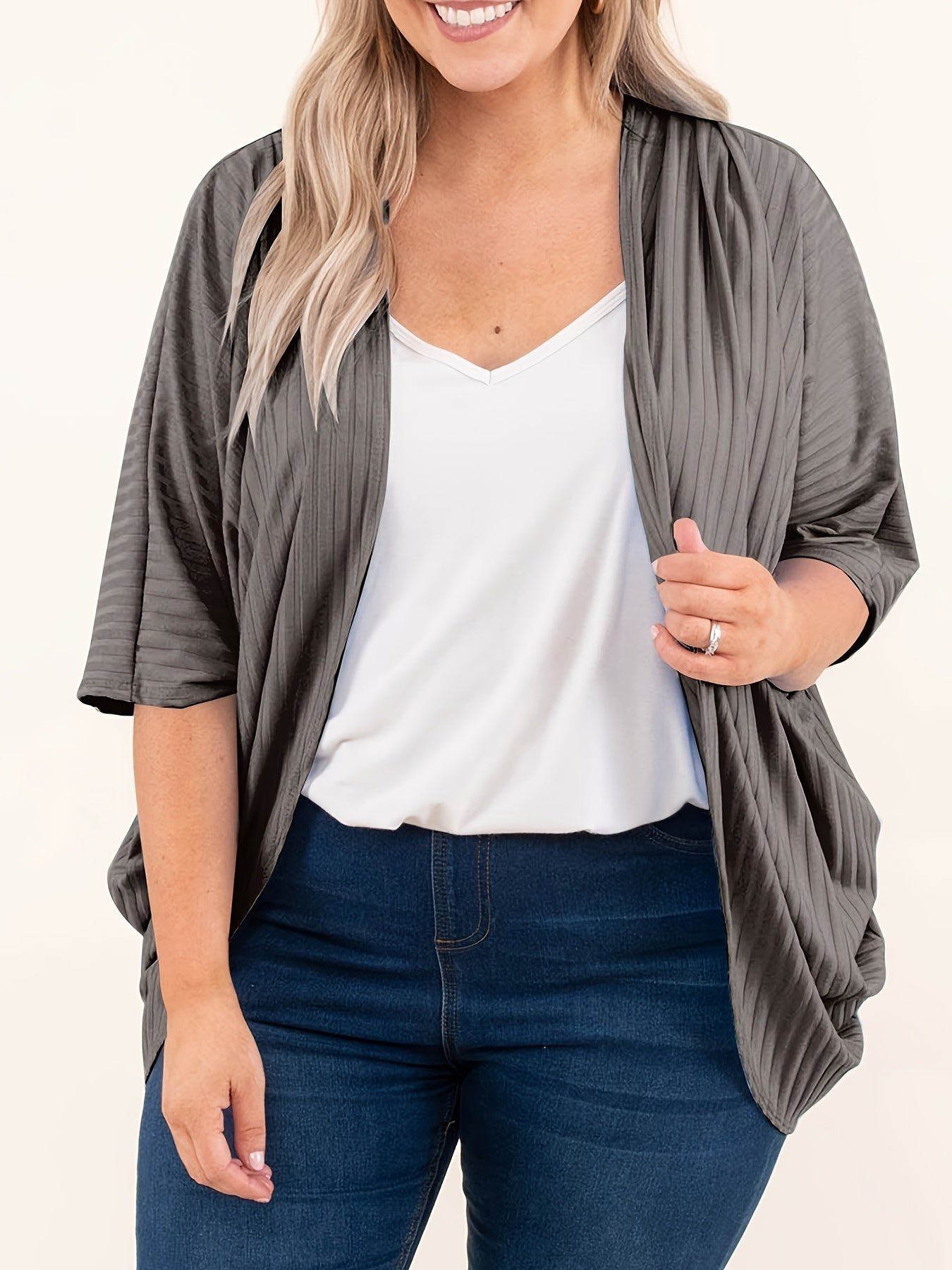 Ribbed Batwing Sleeve Open Front Cardigan