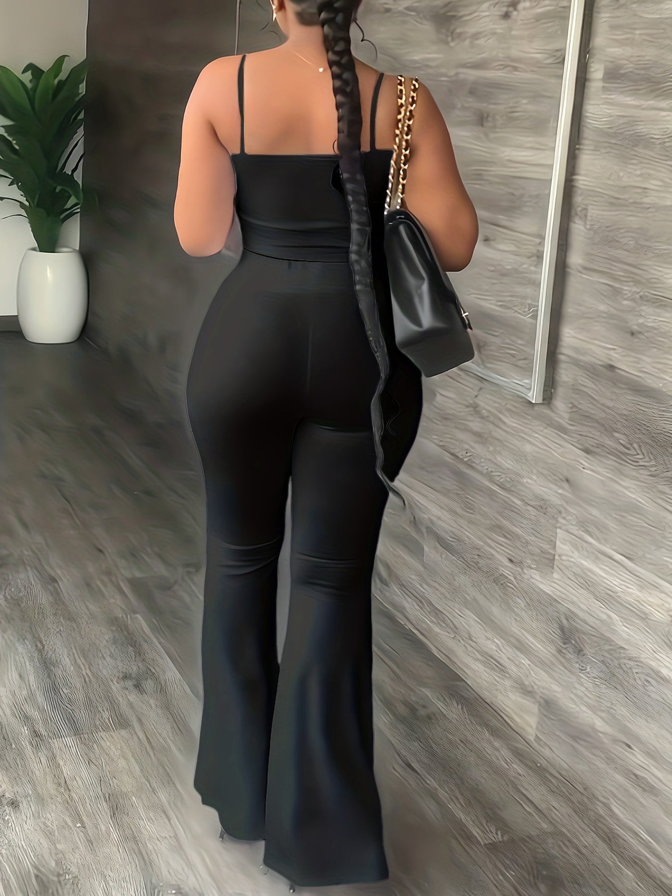 Solid Matching Two Piece Set Crop Cami Top & High Waist Flare Leg Pants Outfit