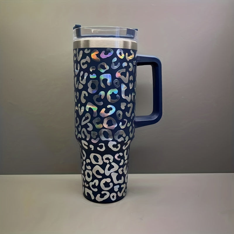 40oz Stainless Steel Insulated Car Cup Leopard Print Handle Straw Hand Wash