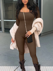 Long Sleeve Yoga Bodysuit Square Neck Jumpsuit