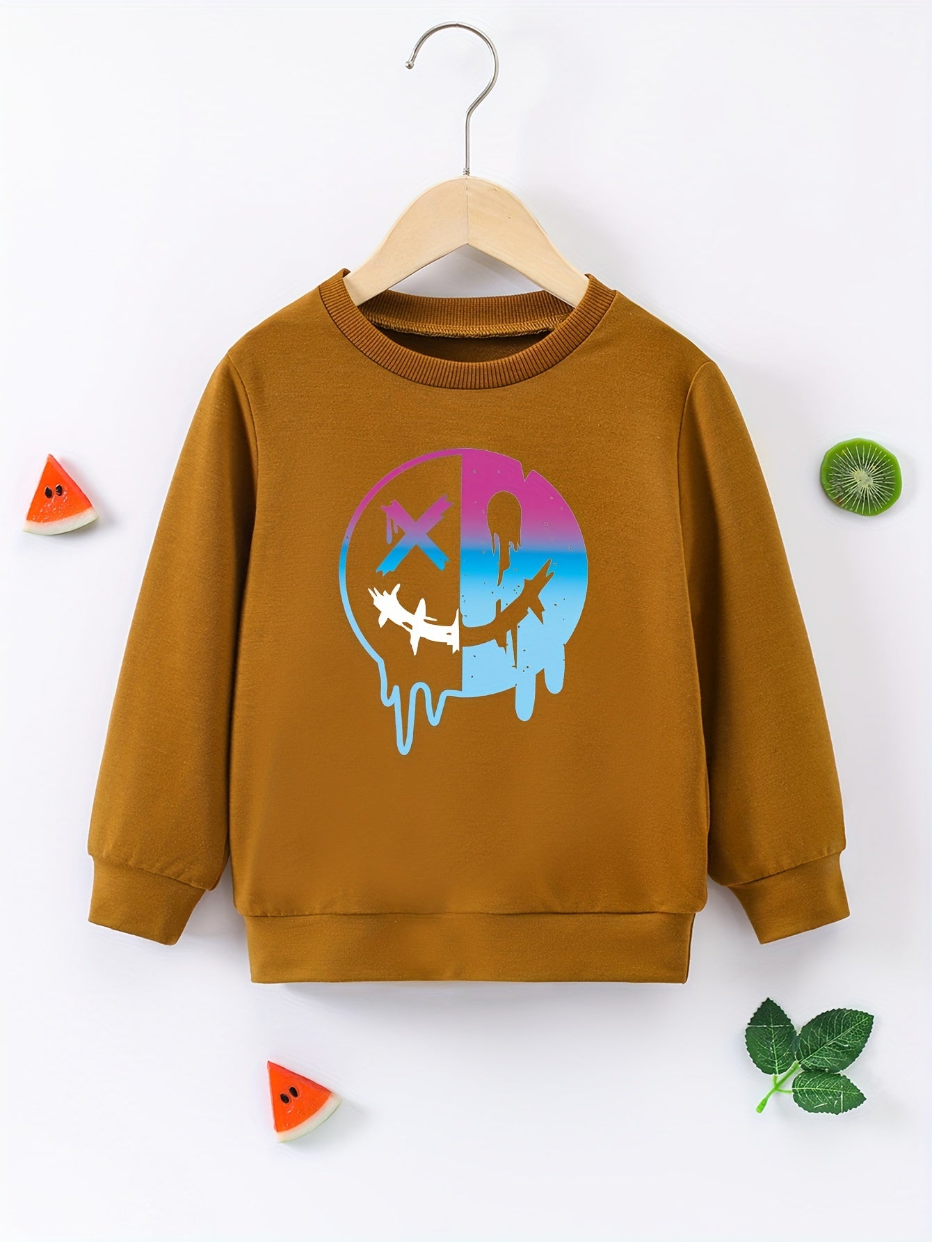 Colorful Smile Face Print Boys Casual Pullover Sweatshirt Crew Neck Tops