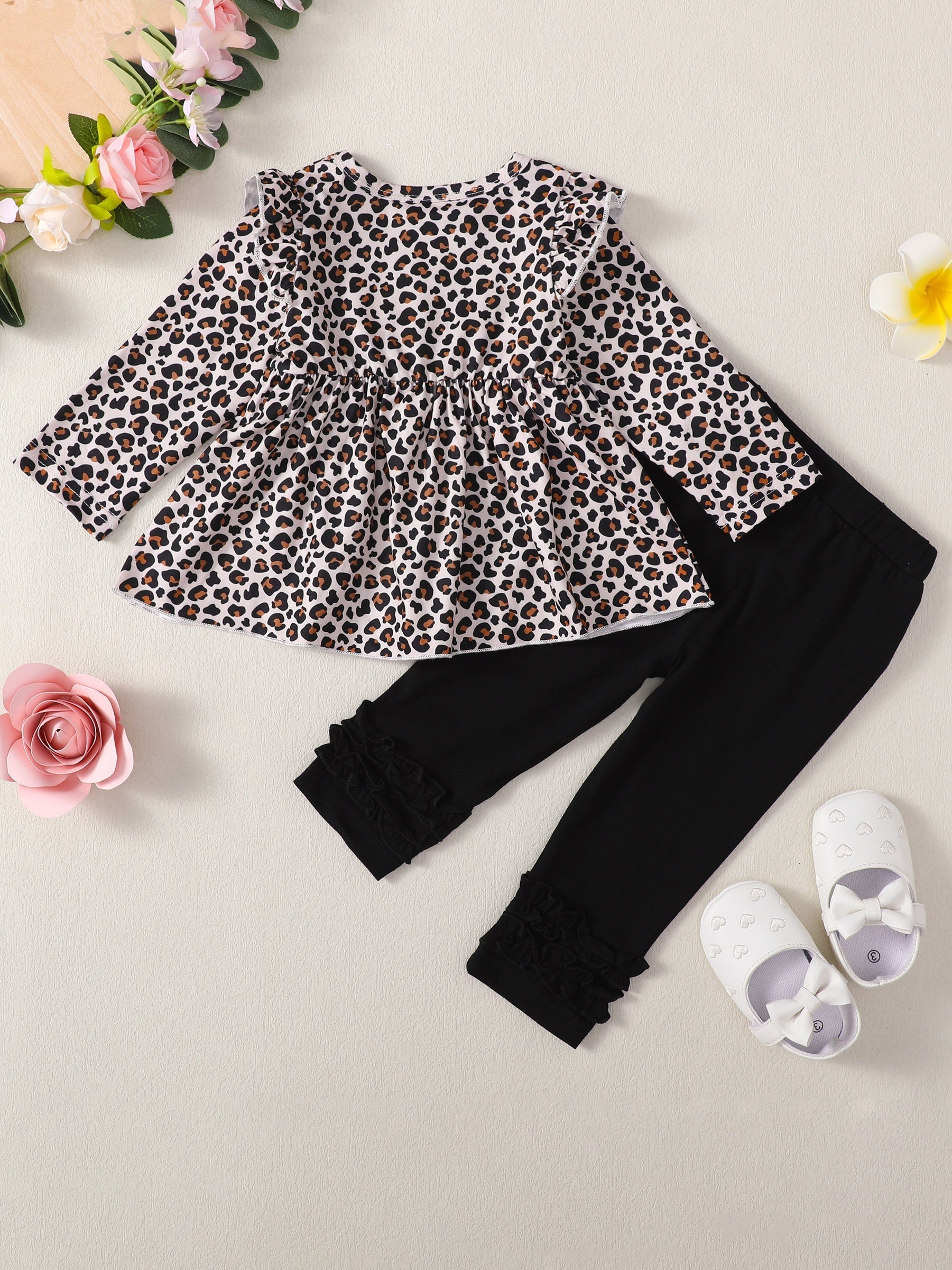 2pcs Baby Girl Flower Print Dress Top & Trousers Set