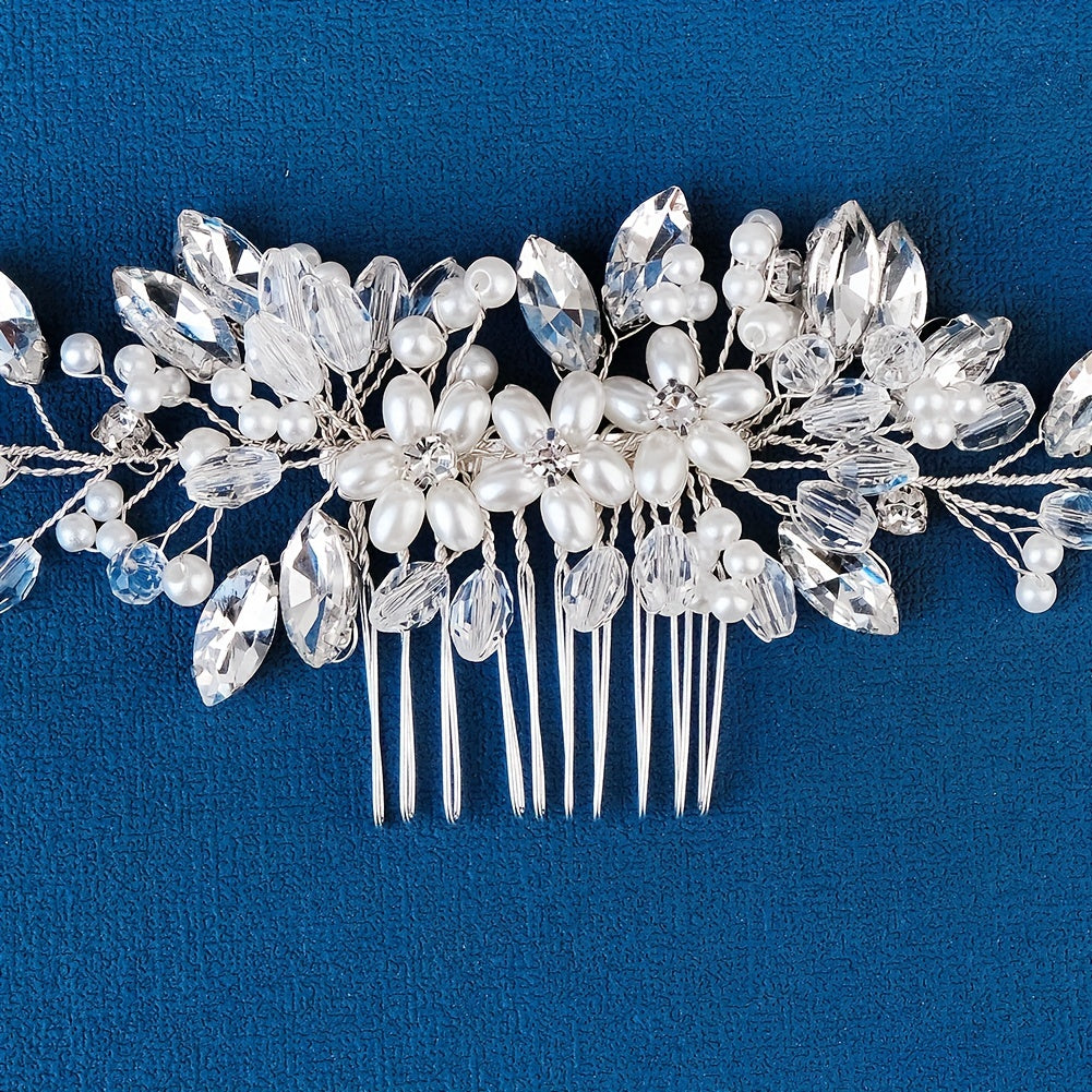 Faux Pearl Flower & Rhinestone Hair Comb Wedding Headwear