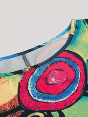 Abstract Print Long Sleeve Pleated Blouse