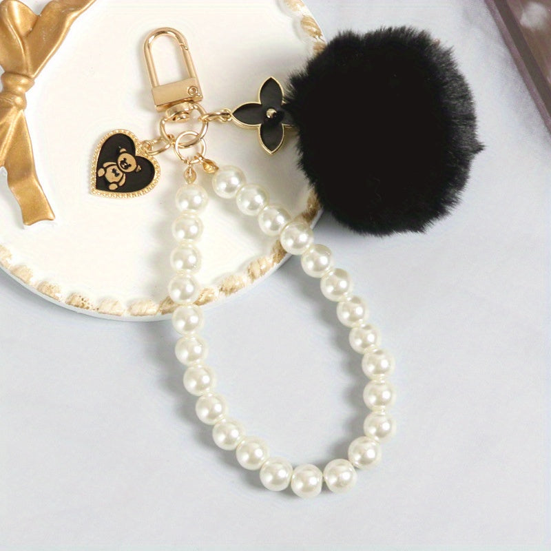 Wool Ball Pearl Bear Tag Bag Plush Keychain