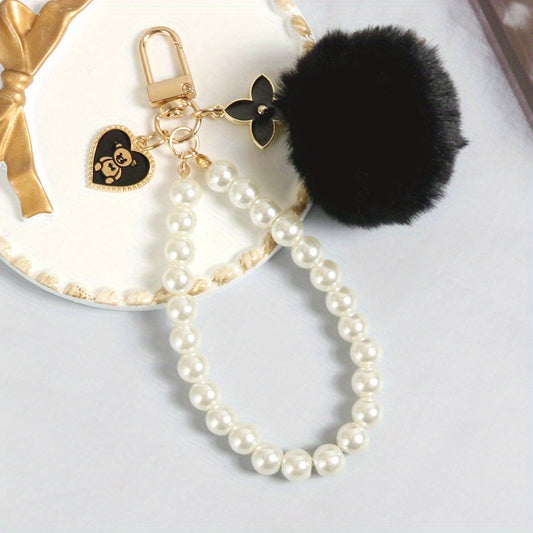 Wool Ball Pearl Bear Tag Bag Plush Keychain