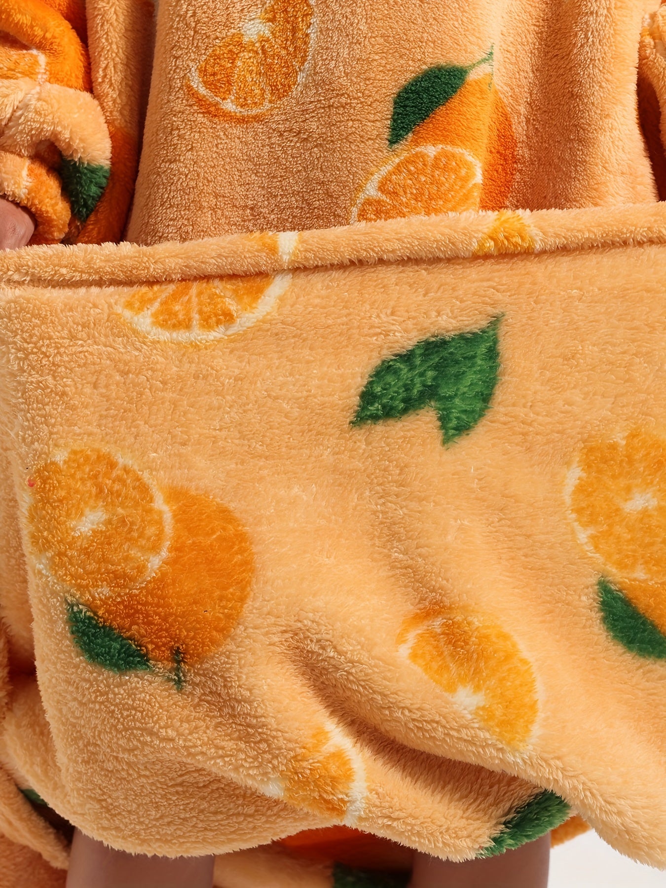 Fruit Print Fuzzy Lounge Robes Hooded Long Sleeve With Pockets