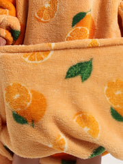 Fruit Print Fuzzy Lounge Robes Hooded Long Sleeve With Pockets