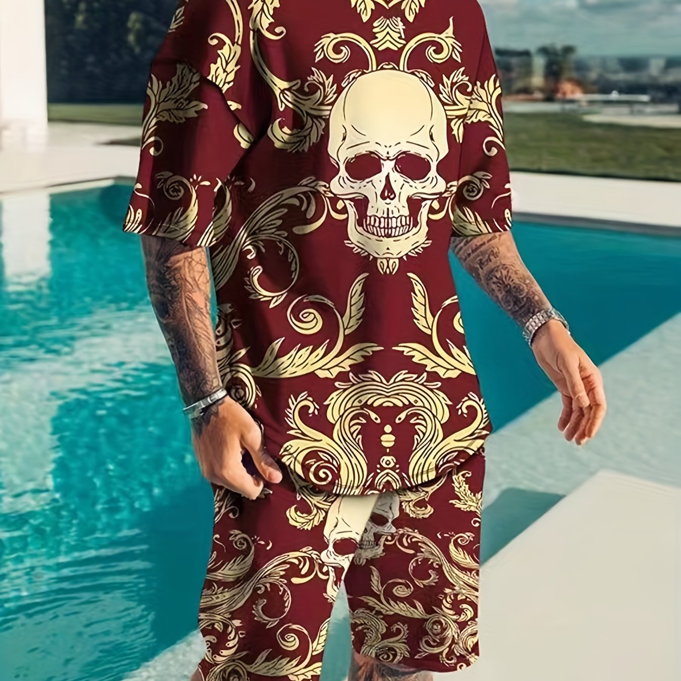 Men's Casual Floral Skull T shirt & Stretch Shorts For Outdoor