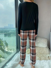 Heart Print Lounge Set Long Sleeve Top & Plaid Pants Women's Loungewear
