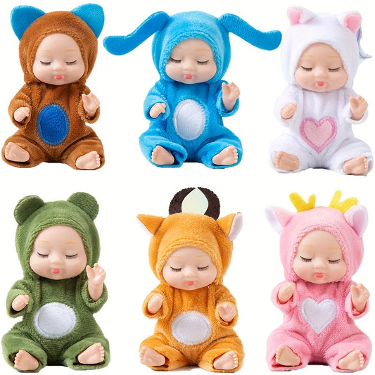 6 Pack Mini Newborn PVC Sleeping Dolls Assorted Colors Adjustable Joints