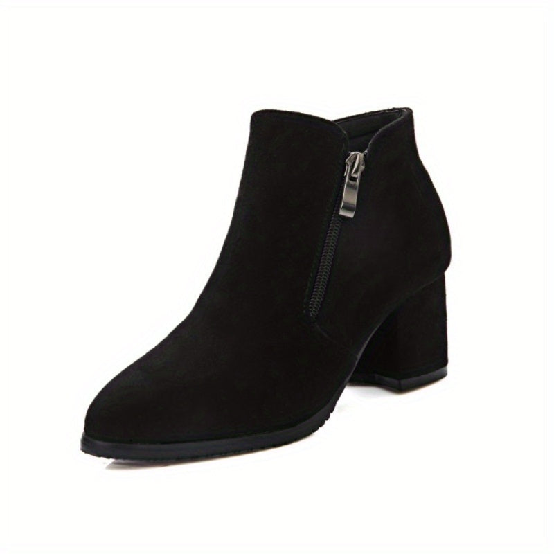 Women's Chunky Heeled Ankle Boots Round Toe Side Zipper Mid Heel Shoes