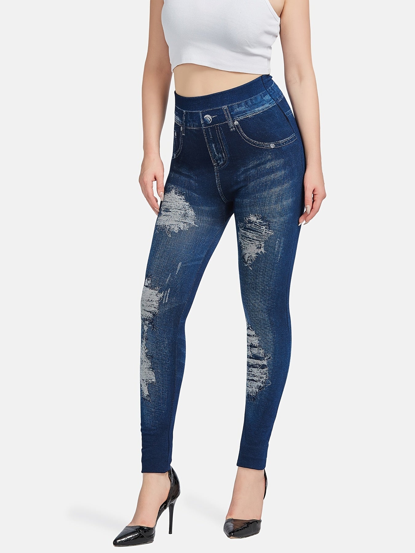 Denim Print High Waisted Leggings Casual Skinny Leggings