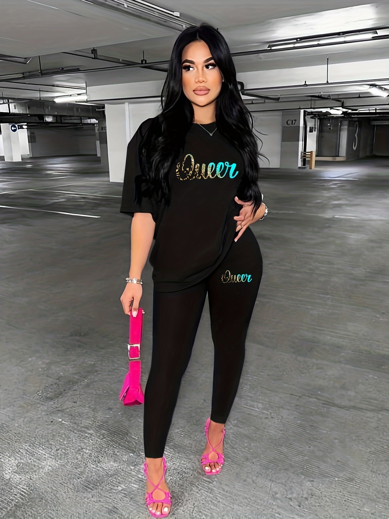 Letter Print Two piece Set Crew Neck Short Sleeve Tee & Long Length Slim Pants