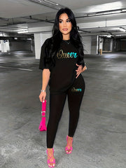 Letter Print Two piece Set Crew Neck Short Sleeve Tee & Long Length Slim Pants