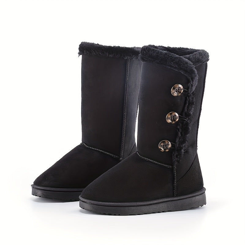 Women's Plush Mid Calf Boots Keep Warm Solid Button Non Slip Flat Snow Boots