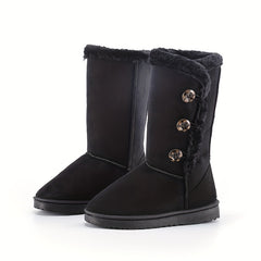 Women's Plush Mid Calf Boots Keep Warm Solid Button Non Slip Flat Snow Boots